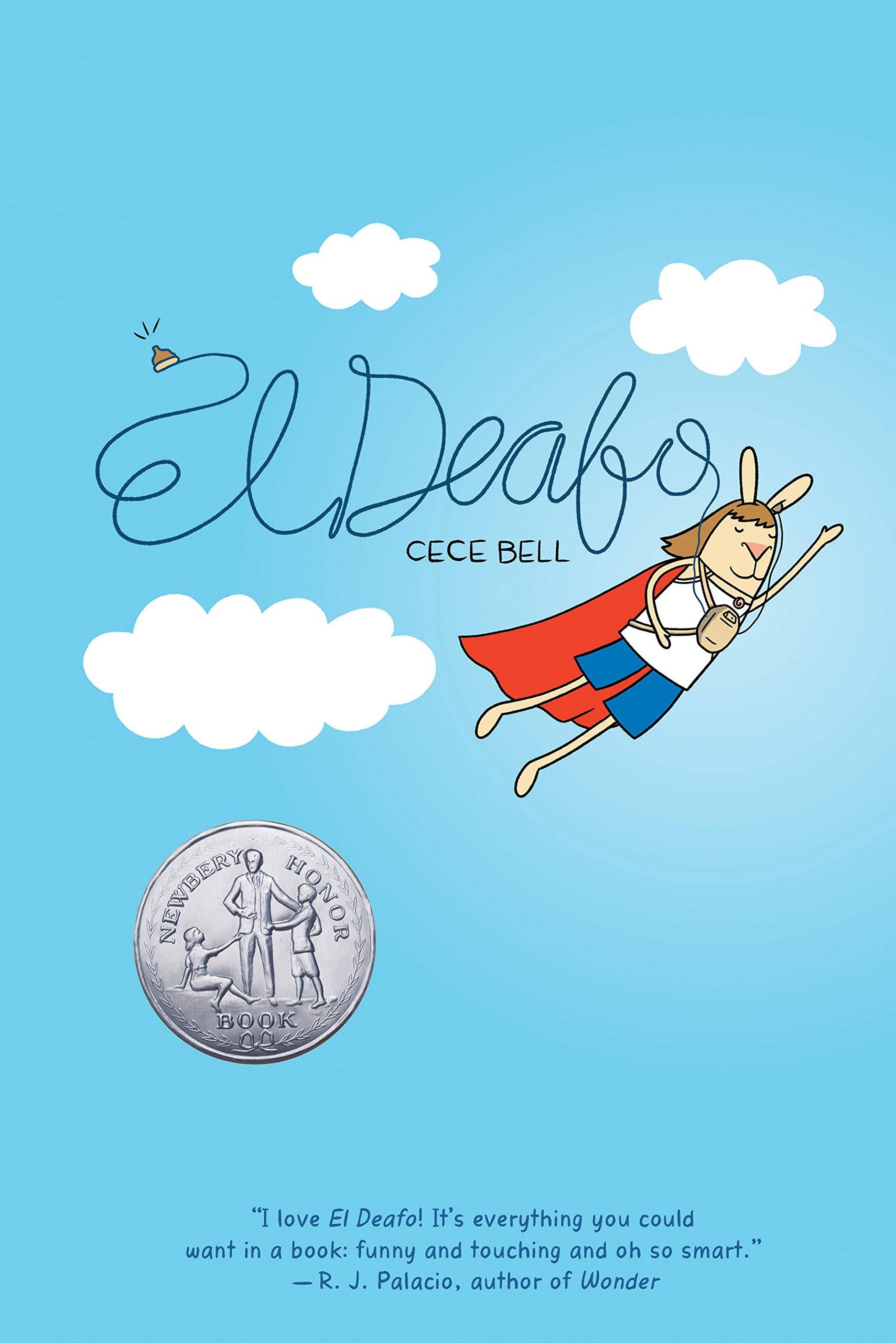 "El Deafo" book cover featuring an illustrated rabbit with a red cap flying through a blue sky.